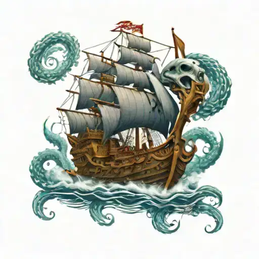 kraken taking down a pirate ship tattoo design idea