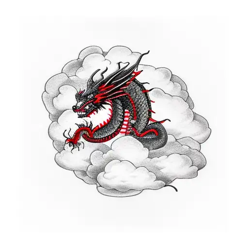 black and red dragon on clouds tattoo design idea
