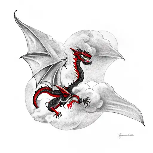 black and red dragon on clouds slinging around the forearm tattoo design idea