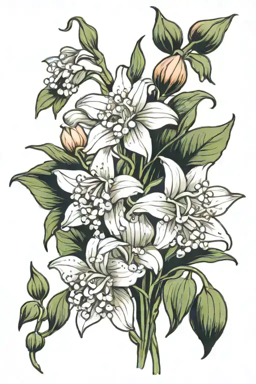 lily of the valley, gladiolus, narcissus, lotus flower tattoo design idea