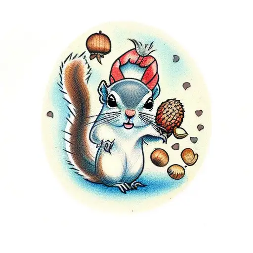 squirrel with acorn in a bag tattoo design idea