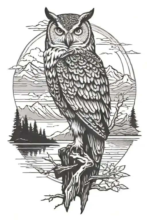 A majestic owl perched on a mountain peak overlooking a tranquil lake tattoo design idea