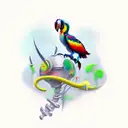 flying toucan skeleton with colourful beak  tattoo design idea