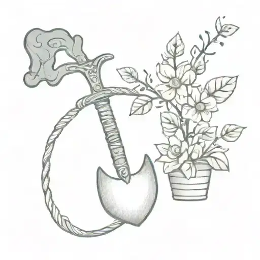 An intricate design of a shovel and spool intertwined with vines and flowers tattoo design idea