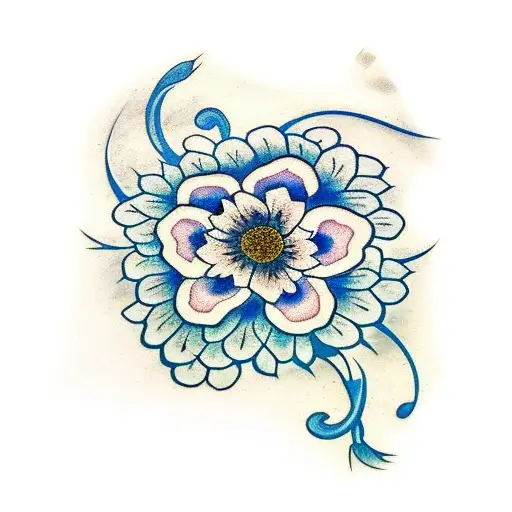 A blue flower vine wrapping around a cross memorial tattoo design idea