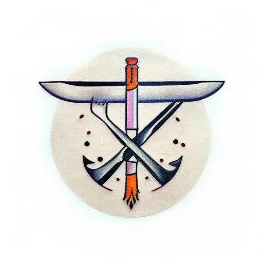 A traditional tattoo of a fork and knife crossed over a vinyl record, with a wine bottle and beer can in the background tattoo design idea