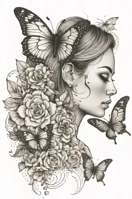 Tattoo for women, sleeve with butterfly, patterns, flowers, inscription, girl's face, bird, animal tattoo design idea