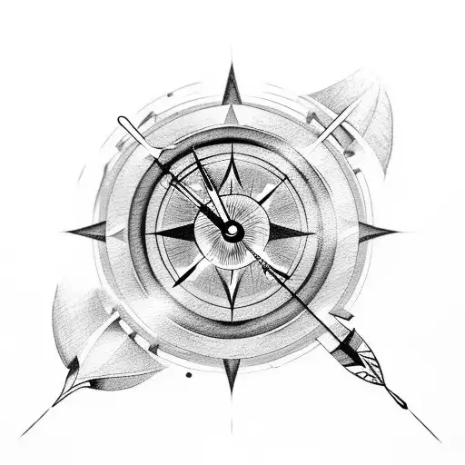 One arrow with in center, half of a small clock and half of a small compass tattoo design idea