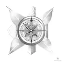 One arrow with in center, half of a small clock and half of a small compass tattoo design idea
