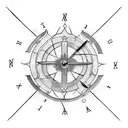 One arrow with in center, half of a small clock and half of a small compass tattoo design idea