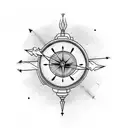 One arrow with in center, half of a small clock and half of a small compass tattoo design idea