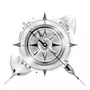 One arrow with in center, half of a small clock and half of a small compass tattoo design idea