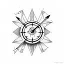 One arrow with in center, half of a small clock and half of a small compass tattoo design idea