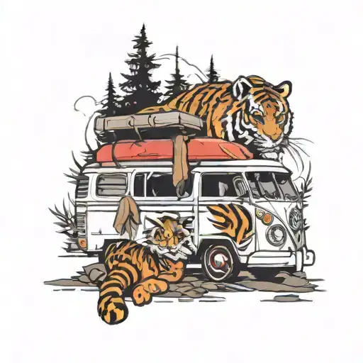 bottle of wine, tiger paws, camper van parked tattoo design idea