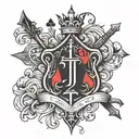 black spade symbol with a crown on top with a j written in calligraphy tattoo design idea