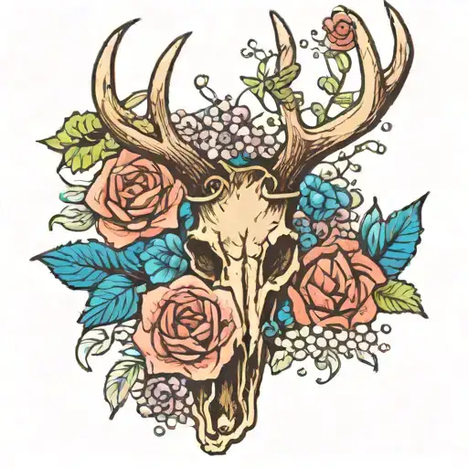  an antler with a rosary wrapped around it and flowers  tattoo design idea