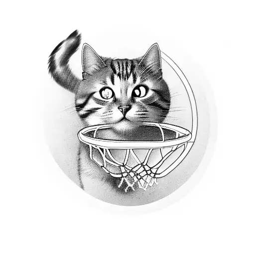 Basketball hoop with a cat silhouette dunking the ball tattoo design idea