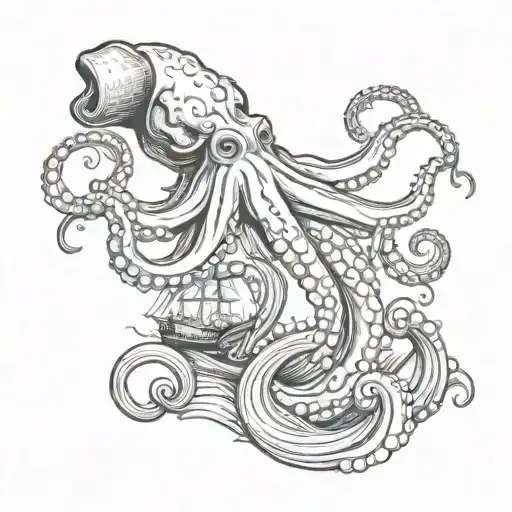 octopus lifting boat sailing away tattoo design idea