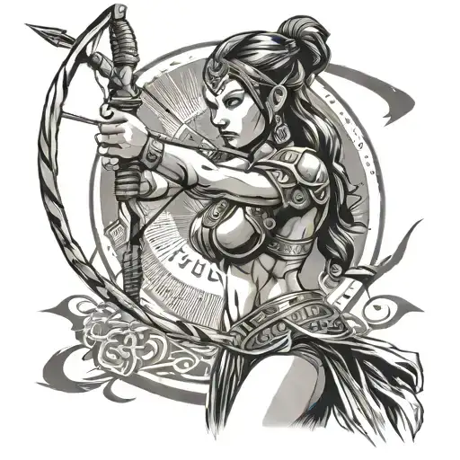 Female amazon warrior wearing amazon belt holding bow and arrow preparing to shoot tattoo design idea