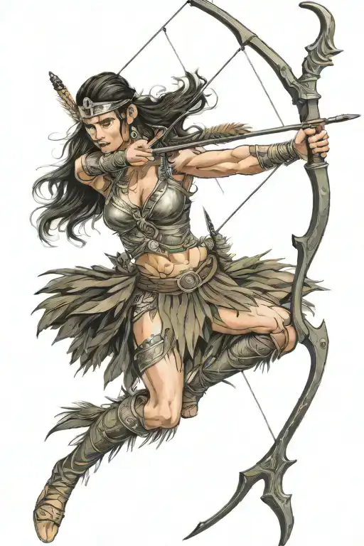 Female amazon warrior wearing amazon belt holding bow and arrow preparing to shoot tattoo design idea