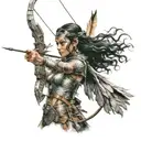 Female amazon warrior wearing amazon belt holding bow and arrow preparing to shoot tattoo design idea