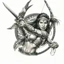 Female amazon warrior wearing amazon belt holding bow and arrow preparing to shoot tattoo design idea