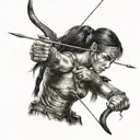 Female amazon warrior wearing amazon belt holding bow and arrow preparing to shoot tattoo design idea