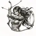 Female amazon warrior wearing amazon belt holding bow and arrow preparing to shoot tattoo design idea