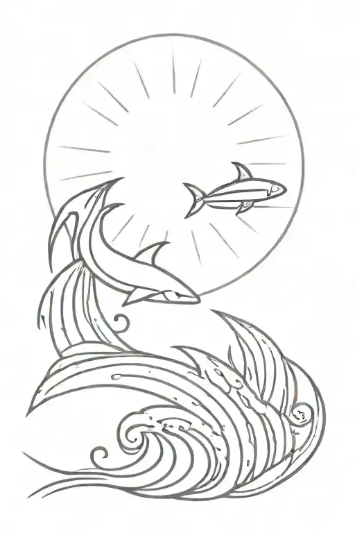 linear tattoo with diving fins, a sun, wave lines tattoo design idea