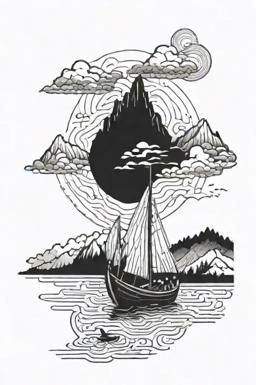A combination of blackwork and dotwork tattoo depicting a canoe journeying from the mountains to the sea through a meandering river tattoo design idea