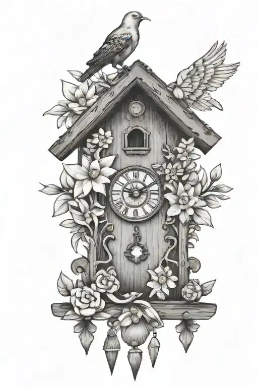 German cuckoo clock with edelweiss flowers surrounding delicate and simple tattoo design idea