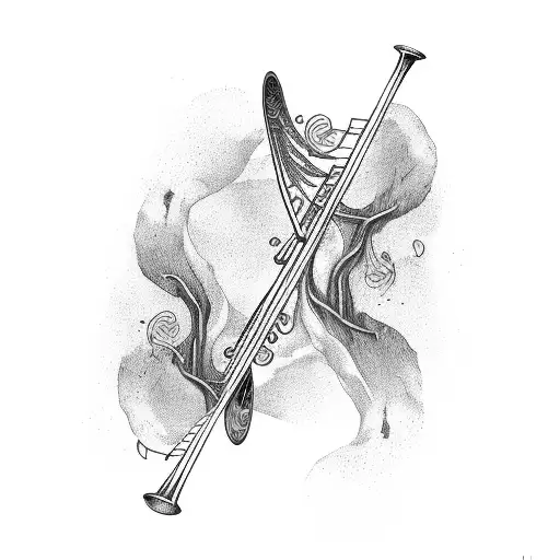 A trombone merging with a tree trunk tattoo design idea