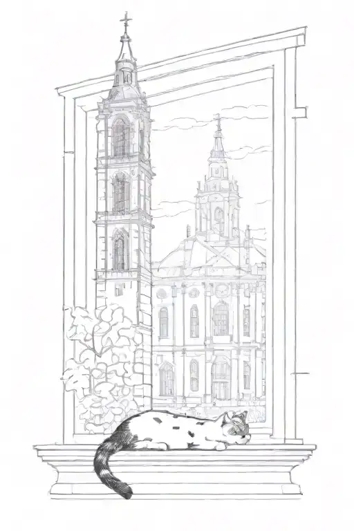 A black and white cat with spots laying by a window which shows in the background a single rectangle tower of a church tattoo design idea