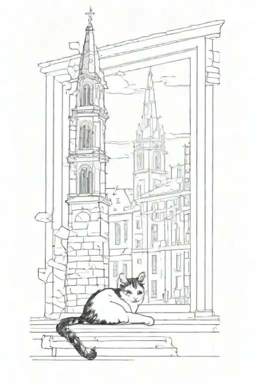 A black and white cat with spots laying by a window which shows the tower of a church tattoo design idea