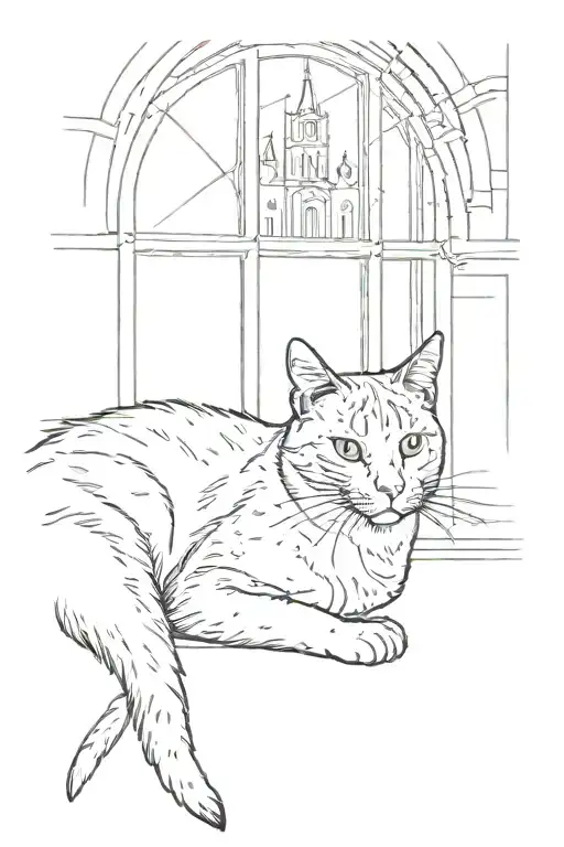 A black and white cat laying by a windows that is showing a church tattoo design idea