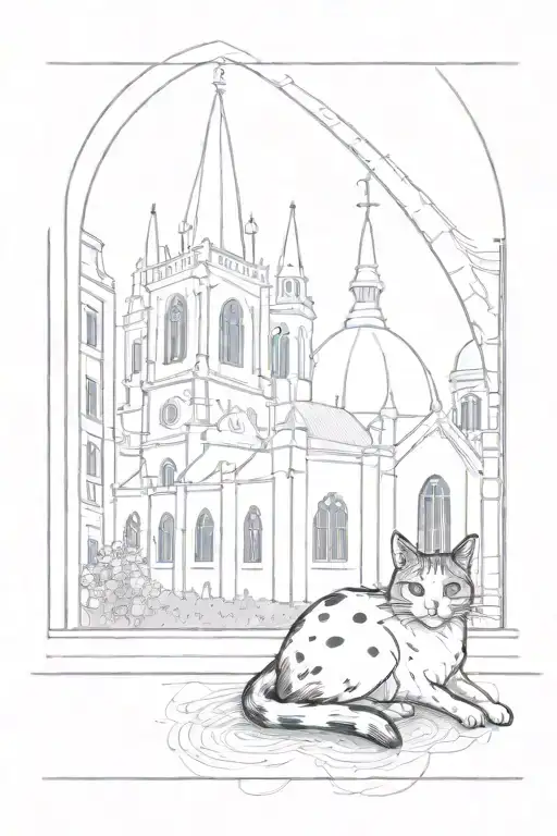 A black and white cat with spots laying by a window which shows in the background a single rectangle tower of a church  tattoo design idea