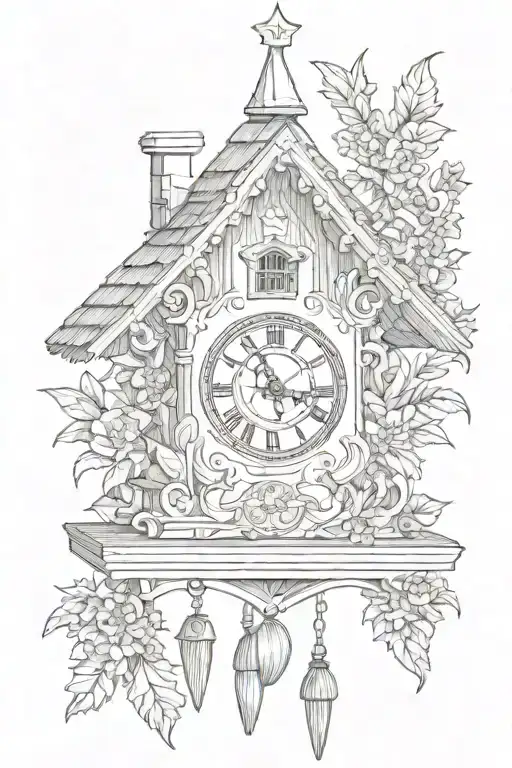simple cuckoo clock Bavarian with edelweiss surrounding and chimney decorative roof and weights on bottom  tattoo design idea