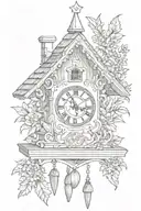 simple cuckoo clock Bavarian with edelweiss surrounding and chimney decorative roof and weights on bottom  tattoo design idea