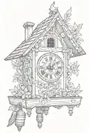 simple cuckoo clock Bavarian with edelweiss surrounding and chimney decorative roof and weights on bottom  tattoo design idea