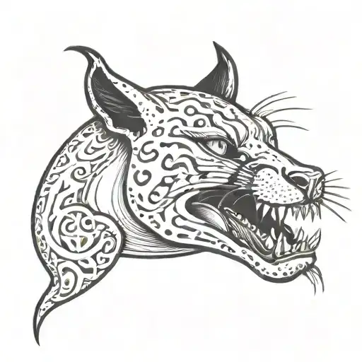 puma biting a skull with a crescent moon in the background tattoo design idea
