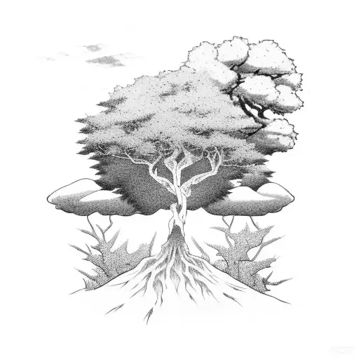 A dramatic anime scene featuring a tree and a faun in blackwork style. tattoo design idea