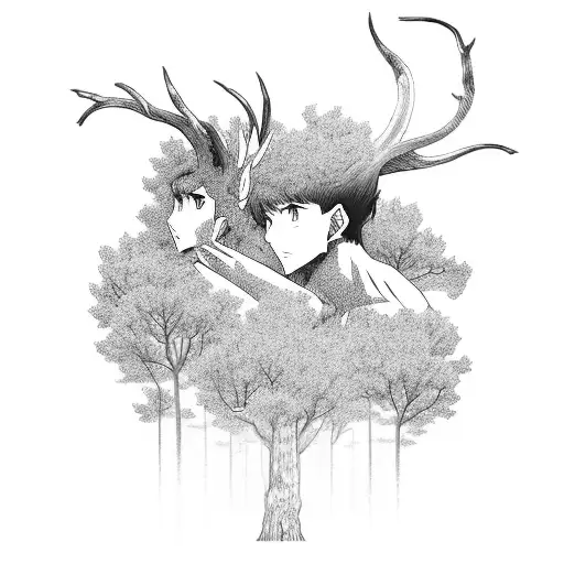 A dramatic anime scene featuring a tree and a faun in blackwork style. tattoo design idea