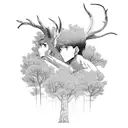 A dramatic anime scene featuring a tree and a faun in blackwork style. tattoo design idea