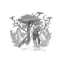 A dramatic anime scene featuring a tree and a faun in blackwork style. tattoo design idea