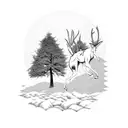 A dramatic anime scene featuring a tree and a faun in blackwork style. tattoo design idea