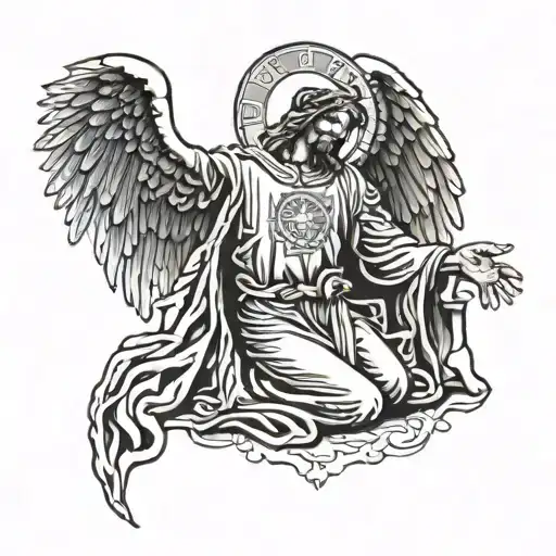 Michael, the archangel bowing down to the define mercy of Jesus Christ tattoo design idea