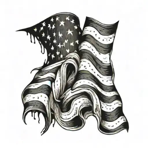 torn american flag waving black and white tattoo design idea