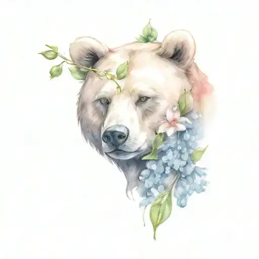 bear face with lily of the valley and hawthorn flowers tattoo design idea