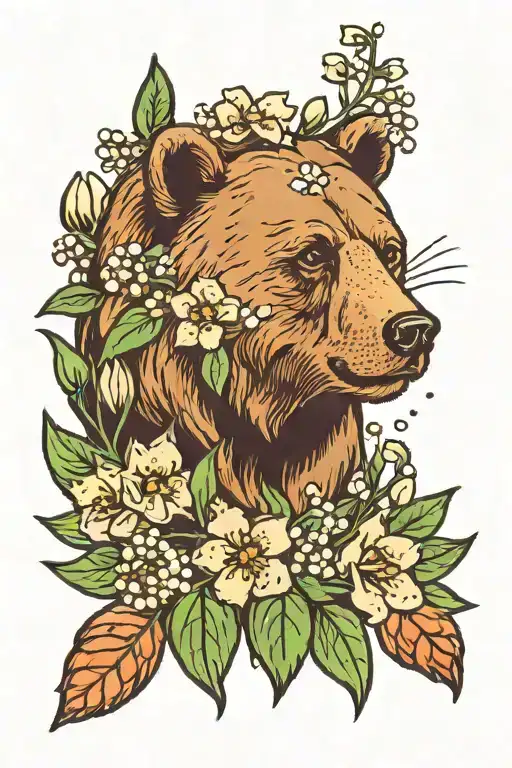 bear face with lily of the valley and hawthorn flowers tattoo design idea