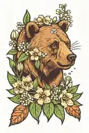 bear face with lily of the valley and hawthorn flowers tattoo design idea